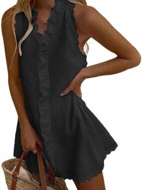 Women's Ruffle V-Neck Sleeveless Mini Dress - Black Small